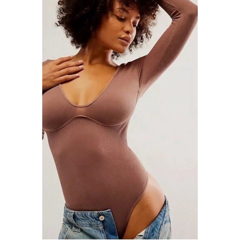 NWT Intimately Free People Meg  Ash‎ Brown Long Sleeve Bodysuit M/L $68